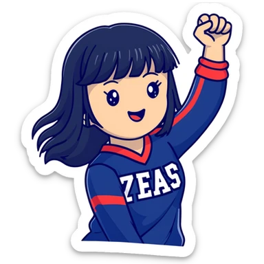 East Asian woman with long black straight hair and bangs wearing Doosan Bears team colors navy blue and red, cheering sticker