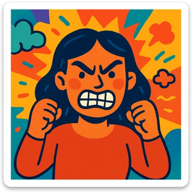 woman making a grr expression, scrunched face, teeth showing, angry expression, vibrant illustration style sticker