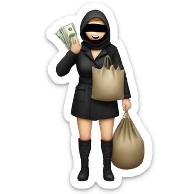 woman thief full body with a sack full of money, caucasian, mask on to cover eyes sticker