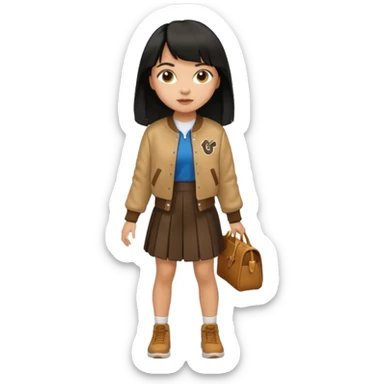 black color long hair with fringe, light skin long hair girl with brown varsity jacket and long skirt walking

 sticker