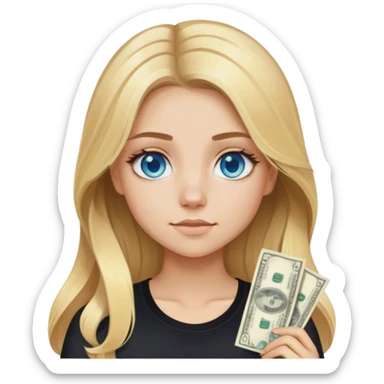 blonde polish girl, long brown to blonde ombré hair in a middle part with money pieces, blue eyes, black shirt  sticker