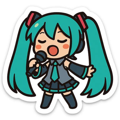 Hatsune Miku, chibi style, singing, holding a microphone, teal hair sticker