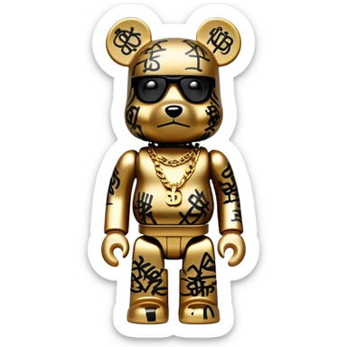 hustler bearbrick toy figure with graffiti print, X symbols instead of eyes, gold chain and money sticker