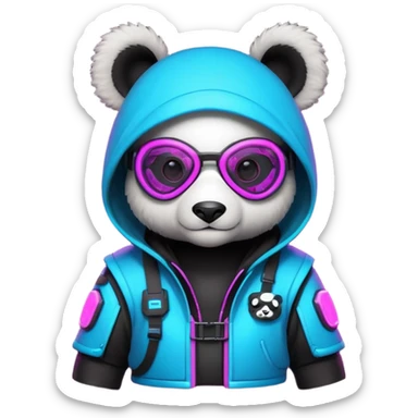 cute cyberpunk panda, neon hoodie, cyber goggles, glowing patterns, futuristic armor details, 3D cartoon, mobile game icon style, clean background, no text, no watermark
 sticker
