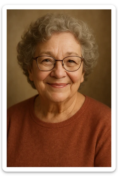 senior woman with glasses, curly hair, warm smile sticker