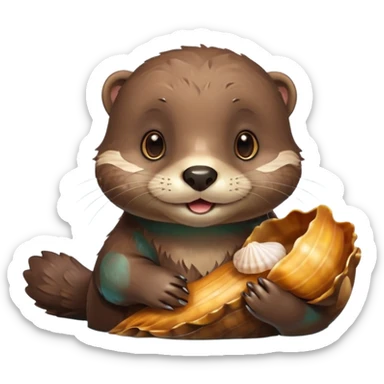 adorable otter floating on water, holding a shell sticker
