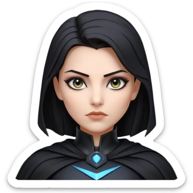 dark sci-fi villain female portrait, head and shoulders only, black armor, cape collar, intense eyes, sharp confident expression, subtle futuristic makeup, dramatic lighting, 3D cartoon, mobile game icon style, clean background, no text, no watermark
 sticker