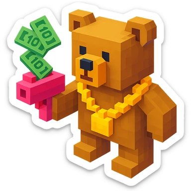 Russian grizzly bear wearing a rapper chain and holding a money gun sticker