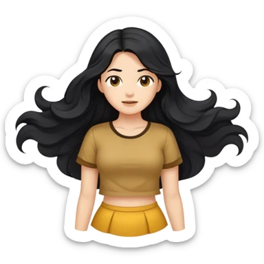 Fair skin girl - long black hair, big waves - wearing a golden brown belly-baring short-sleeved shirt sticker