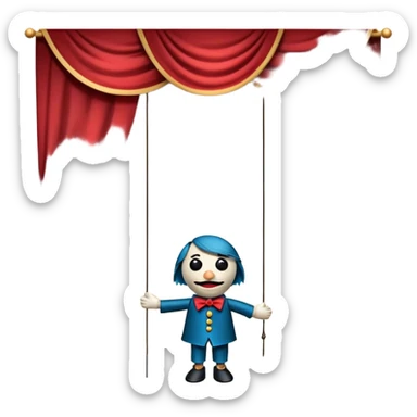 Icon for Puppet Theater: a puppet on strings with theatrical curtains in the background, along with a small stage and dramatic lighting. The icon should represent the whimsical and artistic nature of puppet performance. Transparent background. sticker