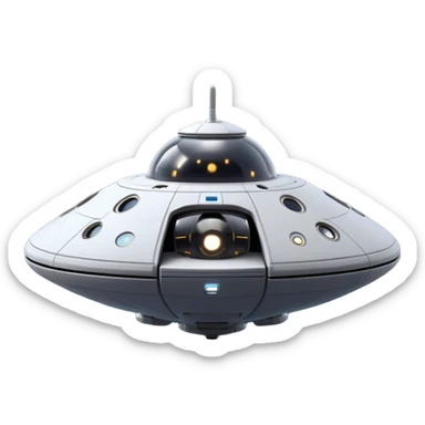 Design a simple, semi-realistic spaceship with a clean and minimalistic design. The ship should have a smooth, rounded shape with a few subtle mechanical details, like small thrusters or panels, but avoid overly complex or advanced features. Add a 'face' to the front of the ship using basic shapes, such as two circular lights for 'eyes' and a curved line or pattern for a 'smile,' giving it a friendly and approachable personality. The design should feel functional yet charming, as if the ship has its own character or consciousness. Use a plain, transparent background with no additional elements, focusing entirely on the ship. The lighting should be soft and even, highlighting the ship's 'face' and overall design. sticker