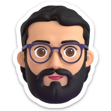 middle eastern man with medium length black beard, black hair, thick connected unibrow, tan skin, brown eyes, wearing glasses sticker