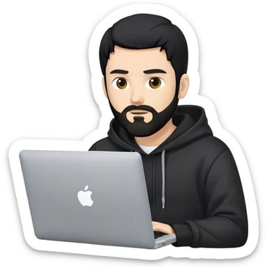 hackeur blanc cheveux noir barbe et capuche noir avec un macbook sticker