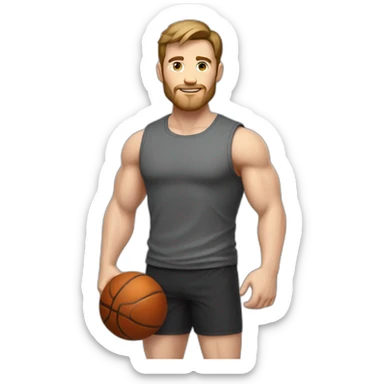 Full height Actively gesturing with hands Pale skinned Fit Man With the biceps and brown hair in dark gray Sleeveless Mike, black oversize sports shorts, watch and white Sneakers sticker