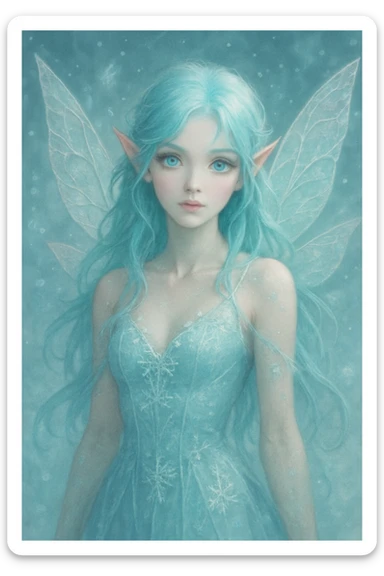 ice fairy with aqua-colored eyes and hair, delicate wings, magical, ethereal, fantasy style sticker