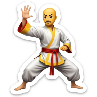 Cinematic Realistic Kung Fu Action Emoji, depicted as an epic martial arts scene with a master executing a precise move in traditional attire, rendered with fluid motion and vibrant textures under dramatic high-contrast lighting. sticker
