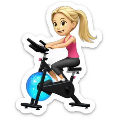 Girl with blonde pony tail riding a spin bike with a disco ball sticker