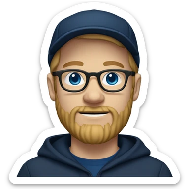 a white dude with blue eyes a dirty blonde beard and sideburns and thin frame glasses wearing a black newsboy hat a navy blue pull over hoodie and dark blue t shirt sticker