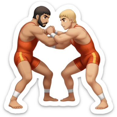 An icon symbolizing Greco-Roman wrestling, showing two wrestlers locked in a powerful grip, focusing on upper-body techniques. The background features a wrestling mat, with the athletes wearing traditional singlets. Transparent background highlights the strength and skill of the sport. sticker