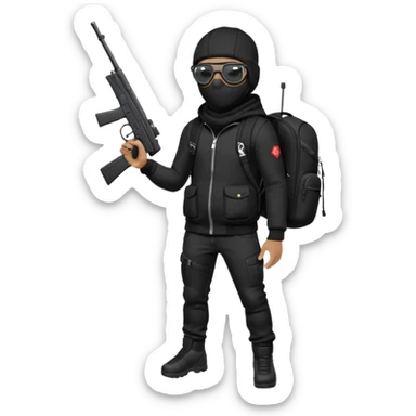 YN wearing a ski mask, holding a gun, all black fit, black jeans, Sprayground bookbag, confident stance, with glasses sticker