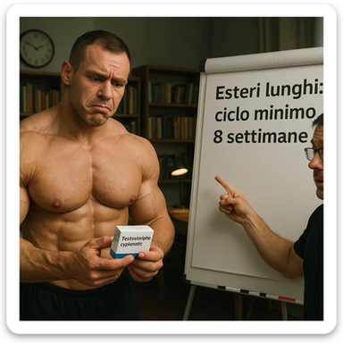 realistic muscular bodybuilder holding a box labeled 'Testosterone cypionato', confused expression, coach pointing at a chart with Italian text 'Esteri lunghi: ciclo minimo 8 settimane', correction atmosphere, study room background, 4K quality sticker