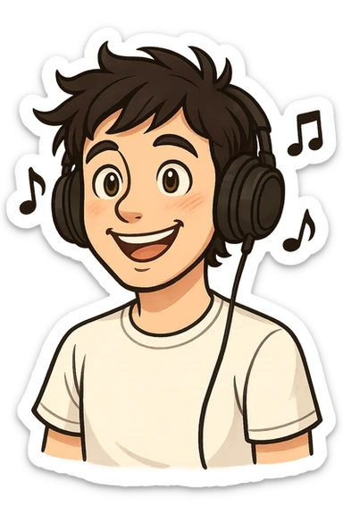 Edit the image of the guy to have messy hair, wearing a white t-shirt, with music notes coming out of the headphones, and lighter colored eyes. Keep the happy expression and transparent background. Maintain the original style as much as possible. sticker