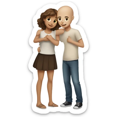 Two girls and one guy hugging each other, one girl white skin brown hair, other girl white skin no hair, guy is standing in the middle and has short brown hair sticker