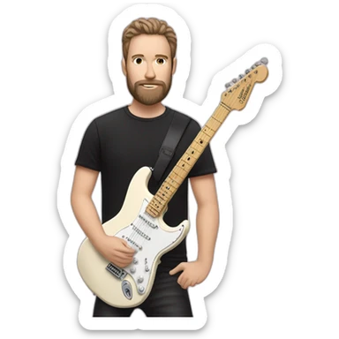 white man with dark beard and black t shirt and pastel pink stratocaster electric guitar sticker