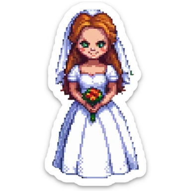 Chucky's bride in a wedding dress standing and smiling in pixel art style sticker