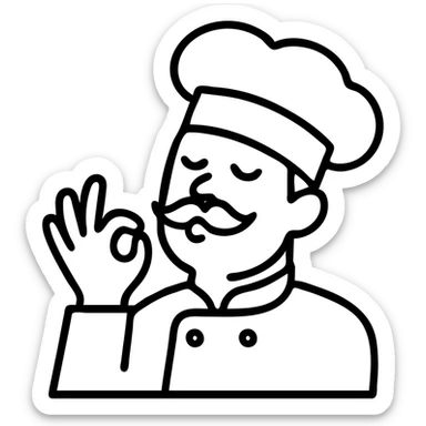 chef with mustache, puckered lips, hand gesture, fun, outlined icon sticker