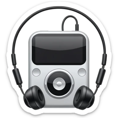 Futuristic iPod emoji with earphones, metallic black and white, smooth reflective surfaces, flat minimal vector design, clean UI style sticker