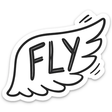 hand-drawn wing with FLY written across the feathers, sketchy and playful style, black outlined hand-drawn icon, no color sticker