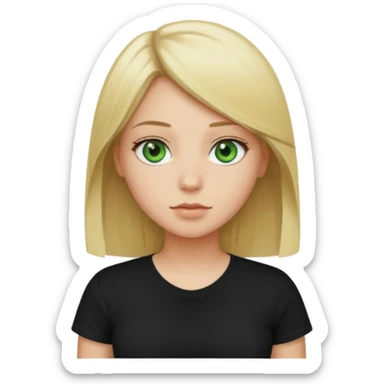 Girl with green eyes, blonde with straight hair to the chest in a black t-shirt sticker