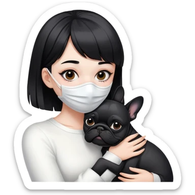 girl with short black straight bangs hair wearing a white mask and hugging one black French bulldoge  sticker
