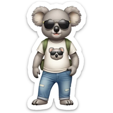anthropomorphised koala in a band t-shirt and jeans with dark sunglasses walking upright relaxed pose sticker