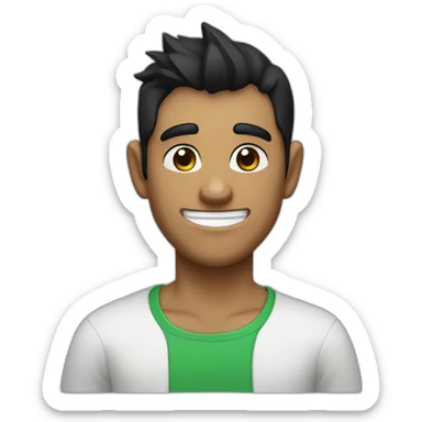 An imp with black hair and brown eyes and a smile in a green shirt with a white T-shirt and with dark brown horns on his head that turn blue at the ends sticker