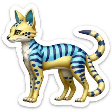 Colorful Golden Gold Shiny Lombax-Sergal-Vernid-Trico-Serval-Civet-Genet-Pokémon-Digimon-Fakémon-fusion-hybrid-creature with Cyan stripes and blue leopard-spot-markings  sticker