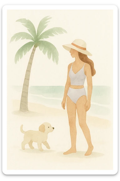a woman in swimwear on a beach with a palm tree and a puppy, watercolor illustration sticker