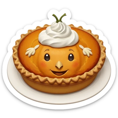 pumpkin pie with whipped cream on top of it, and has chicken legs, and a face. sticker