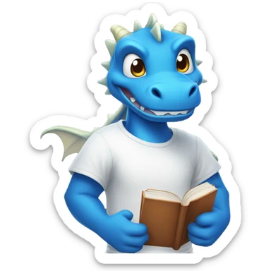 A blue dragon in a white T-shirt with a smile, holding books in his hands sticker