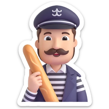 Frenchman with moustache, beret, holding baguette, black and white striped shirt, 3D emoji style. sticker
