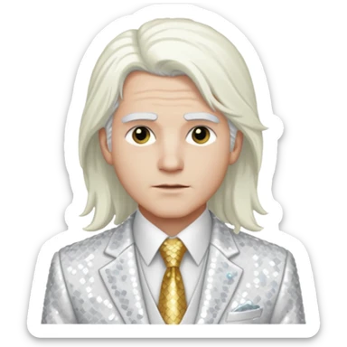 Jehovah from Christian Mythology with long white hair, white sequin suit jacket and tie, white shirt sticker