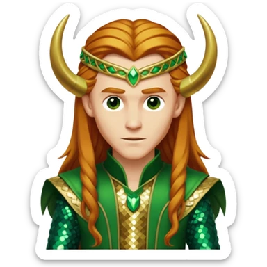 Loki, God of Mischief from Gods and Goddesses with long reddish blonde hair, green and gold sequin outfit sticker