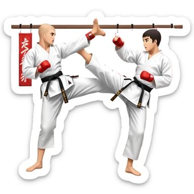 Two karate fighters in traditional gi sparring. One executes a high kick aimed at the opponent’s head, while the other blocks with a strong hand defense. The background features a classic dojo with wooden flooring and banners. Dynamic motion and focused expressions. Transparent background. sticker