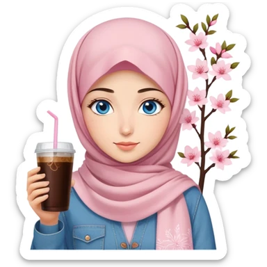 Turkish beautiful finish Konya girl blue eyes with light pink denim hijab islamic dress and had on her hand sakura blossoms in cold brew coffee   sticker