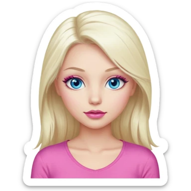 Girl with long platinum blonde hair, blue eyes, long lashes, sexy pink lips, wearing a pink top sticker