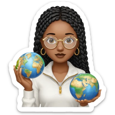 a young woman wearing fine gold round glasses and black hair in several box braids, no earrings, she has light black skin, and she's wearing a white shirt with a black quarterzip. She's holding a globe in one hand sticker