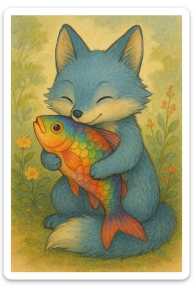 cute blue fox hugging a rainbow fish in ghibli style sticker