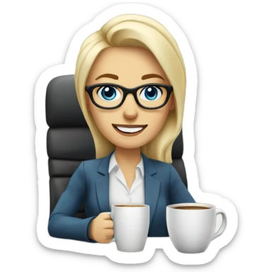 Corporate blonde boss lady with glasses happy blue eyes sitting at a desk drinking coffee  sticker