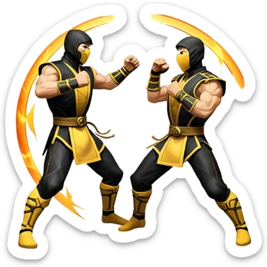 An icon showing two fighters in dynamic combat poses, inspired by Mortal Kombat. One character delivers a powerful kick, while the other blocks or counters. The background features a dark arena with glowing effects, symbolizing intense battles. Transparent background. sticker